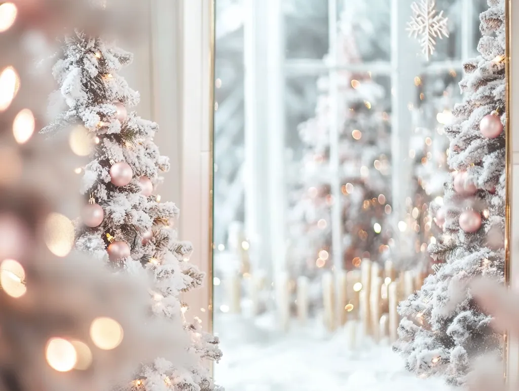 A close-up shot of a snow-covered Christmas tree adorned with pink ornaments and white lights, reflected in a mirror. The background is a blurred view of a snowy, winter wonderland, creating a festive and magical atmosphere.  The warm glow of the lights adds a touch of cozy warmth to the scene.