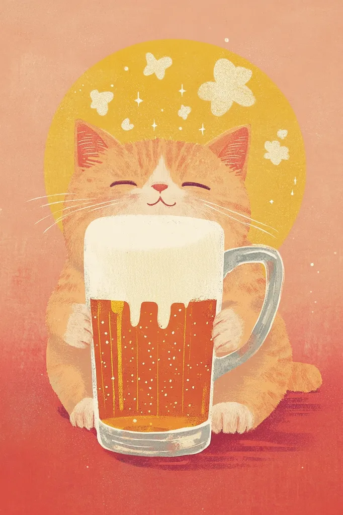 A cute orange cat with closed eyes and a big smile is holding a mug of beer with a white foamy head. The cat is sitting against a yellow circle background with white flowers and glitter. The background is pink.  The cat appears to be very happy.  It is a cartoon illustration.