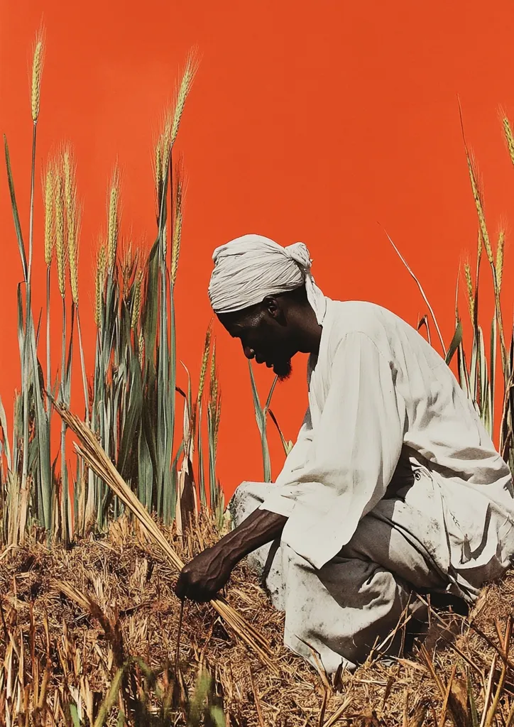A man wearing a white turban and robe is crouched in a field of tall, green wheat. The background is a vibrant orange. He is holding a bundle of wheat stalks in his hand, his gaze directed downward, perhaps gathering the stalks or preparing to tie them together. The scene captures a moment of labor in a rural agricultural setting.