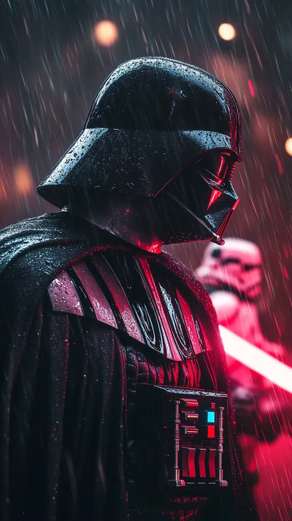 Darth Vader stands in the rain, his iconic black helmet and cape glistening with water droplets.  He gazes intently at something off-screen, his dark silhouette highlighted by the red glow of a lightsaber.  A Stormtrooper stands behind him, blurred and obscured by the downpour, adding to the sense of mystery and action.  The scene evokes a sense of power, darkness, and impending conflict.