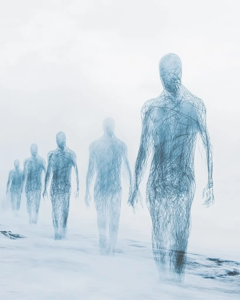The image shows a group of seven figures, their bodies appearing as skeletal outlines composed of a web-like pattern.  They are walking in single file towards the horizon, disappearing into the hazy mist that fills the background. The overall tone of the image is ethereal and mysterious.