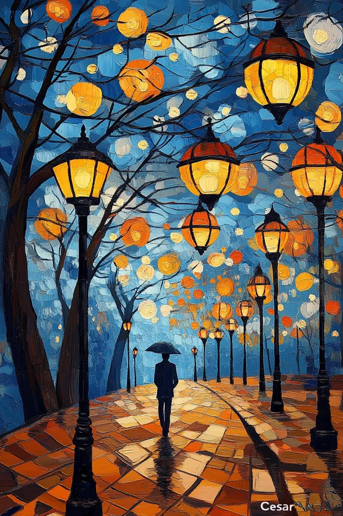 A solitary figure walks along a path lined with lampposts, under a twilight sky filled with glowing orbs. The scene is painted in a vibrant, almost dreamlike style, with bold strokes and contrasting colors. The path winds through a park, where the trees are silhouetted against the luminous backdrop. The image evokes a sense of peaceful solitude and tranquil beauty.