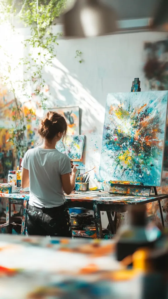 A woman is painting in an art studio. She is standing in front of an easel, holding a paintbrush and focusing on her artwork. The studio is filled with various art supplies and paintings, including a vibrant abstract painting on the easel. Sunlight streams through the window, creating a warm and inspiring atmosphere. The scene captures the creative energy of an artist at work.