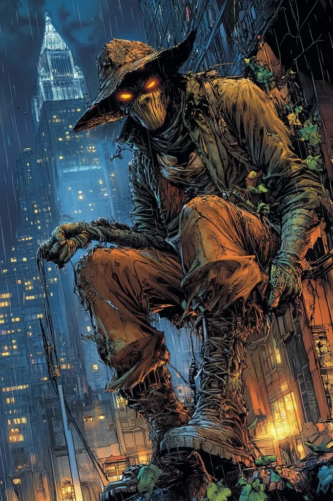 A figure cloaked in tattered fabric and a wide-brimmed hat sits perched on a building, silhouetted against a city skyline. The figure's face is obscured by a mask, only two glowing eyes visible. The city is bathed in rain, with lights twinkling in the distance. The figure's posture suggests a menacing presence, a sense of lurking in the shadows. The image evokes a feeling of mystery and impending danger.