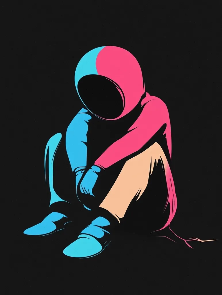 A stylized illustration of an astronaut sitting with their legs crossed and their head down. The astronaut is wearing a pink and blue helmet and a black and white spacesuit. The background is black, highlighting the colorful figure. The image is minimalist and evokes a sense of solitude.