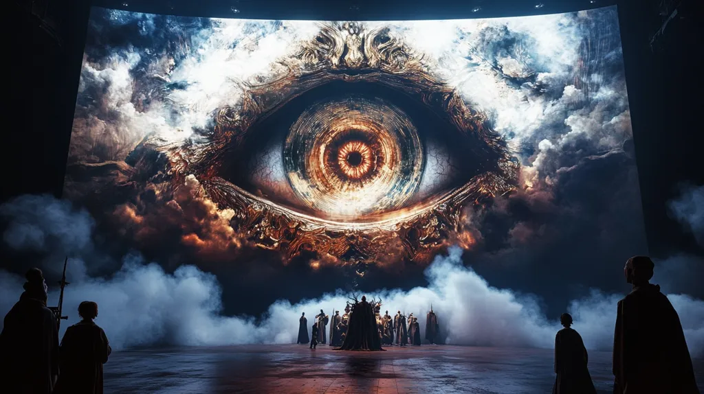 The image shows a large, glowing eye projected onto a screen. The eye is surrounded by clouds and smoke, and it appears to be watching over a group of people standing in the foreground. The image is dark and ominous, and it evokes a sense of awe and fear. The people are silhouetted against the screen, and they appear to be small and insignificant compared to the massive eye. The image could be interpreted as a symbol of power, or as a warning about the dangers of being watched. It is a striking and thought-provoking image.