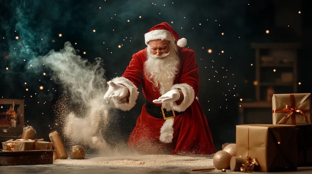 Santa Claus, dressed in his traditional red suit, is kneeling on a wooden floor. He is performing a magic trick, creating a cloud of white powder with his hands. The scene is lit by fairy lights and is filled with a magical, festive atmosphere. Presents are stacked in the background, adding to the Christmas theme. The focus is on Santa and his magical actions, creating a sense of wonder and excitement.