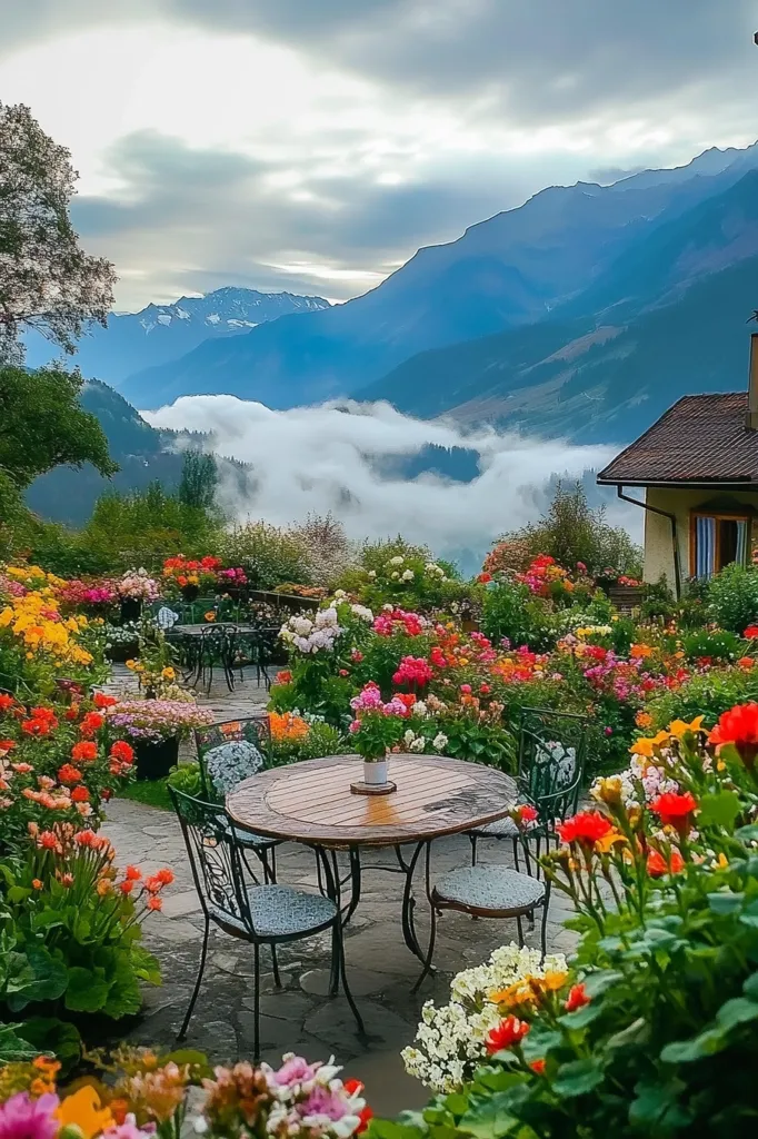 A picturesque scene unfolds with a charming table and chairs nestled in a vibrant flower garden. The lush foliage blooms in a riot of colors, creating a breathtaking contrast against the backdrop of majestic mountains shrouded in wispy clouds. The air is filled with the sweet scent of blossoms and the promise of a tranquil afternoon.
