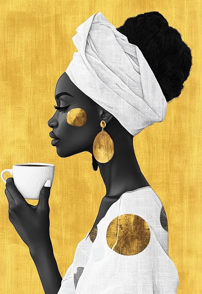 A Black woman with dark hair tied up in a bun and a white head wrap, is shown in profile.  She wears a white dress with gold polka dots, and large gold earrings. She holds a cup of coffee in her hand, her eyes closed in contemplation. The background is a rich, gold, textured surface.  The colors of the image are rich and bold, and the image is full of life. The woman's elegant poise suggests a moment of peaceful reflection.