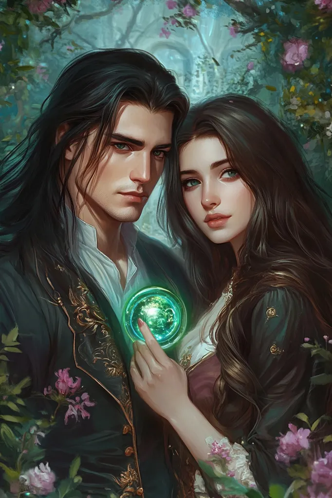 A man and woman stand close together, their faces turned towards each other. The man has long dark hair and is wearing a dark green jacket with gold accents. The woman has long dark hair and is wearing a burgundy dress with a green jacket. They are both holding a glowing orb, and there are flowers surrounding them. The image is soft and romantic, with a dreamy atmosphere. The couple looks deeply in love and the orb symbolizes something special and magical between them.  The flowers represent love and beauty. The image evokes a sense of wonder and enchantment.
