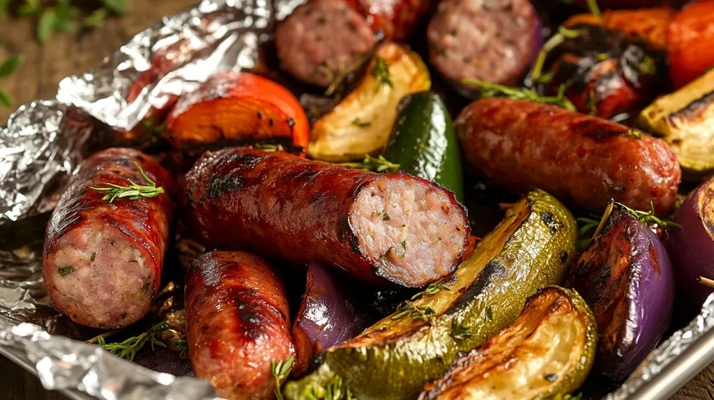 Grilled sausages, zucchini, and red onions are arranged on a foil-lined baking sheet. The sausages are plump and juicy, with char marks from the grill. The zucchini is cooked to a soft, golden brown. The onions are caramelized and slightly crispy. There are herbs scattered throughout the dish.  The meal appears delicious and inviting.