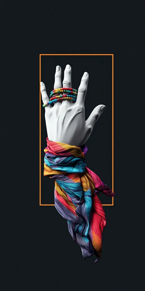 A white hand with several colorful beaded bracelets on the wrist is reaching up towards the sky. A colorful scarf is draped around the wrist and falling to the left, creating a vibrant contrast against the dark background. The image is framed by a thin orange rectangle.  The image is a study in color and form.