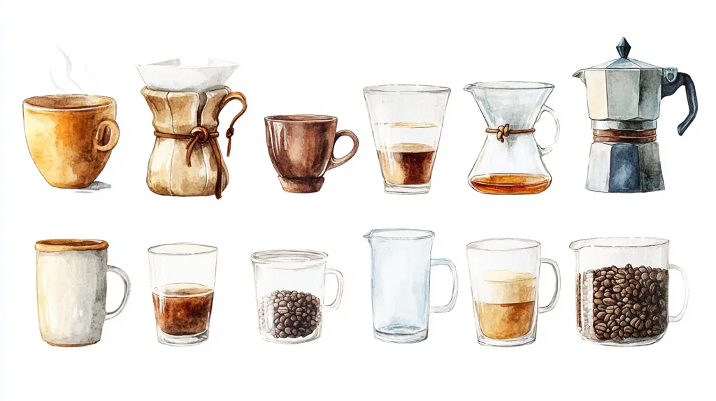 The image shows a watercolor illustration of various coffee brewing and serving items. There are mugs, a coffee pot, a French press, a pour-over coffee maker, and a glass measuring cup. Some of the items are filled with coffee or coffee beans, while others are empty. The image is a celebration of coffee and all its components.