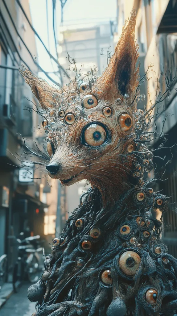 A surreal creature, resembling a fox, is covered in numerous eyes and vines. Its fur is a mix of brown and gray, with a hint of orange. The creature's face is partially obscured by the tangled vines and eyes. The background is a blurry city street with a bike in the foreground. The creature's expression is curious and somewhat unsettling.  The image evokes a sense of otherworldly strangeness and mystery.