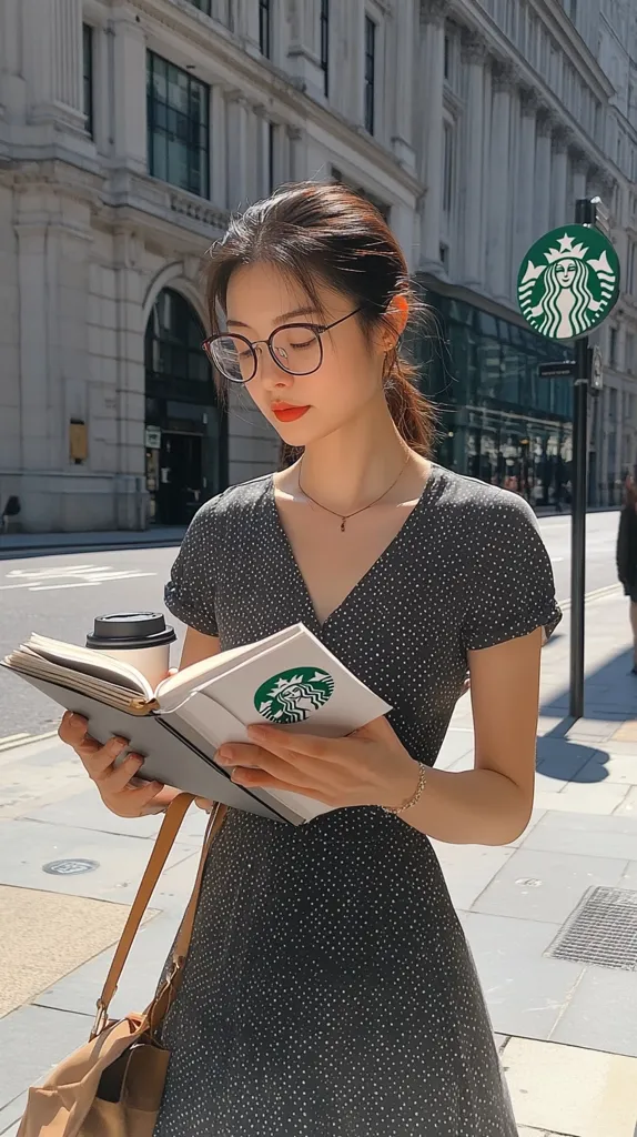 A young woman with dark hair, wearing round glasses and a black polka-dot dress, stands on a city street, holding a book with a Starbucks logo on it. She is looking down at the book, her expression relaxed. The building behind her has a Starbucks sign on it. The scene suggests a quiet moment in the city, where someone is enjoying a break.