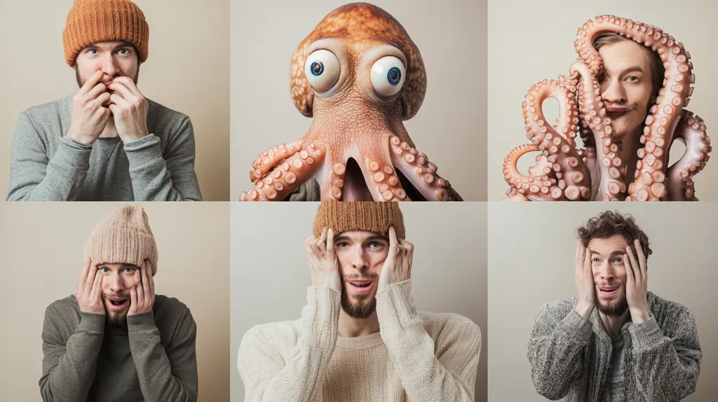 A collage of six images featuring a man in a beanie reacting to an octopus.  The first row features the man looking startled, then the octopus itself, then the man with the octopus seemingly wrapping around his head. The second row repeats the same scenario, with the man in a different beanie, the octopus, and then the octopus appearing to take over the man's head.  The man's facial expressions range from startled to panicked.
