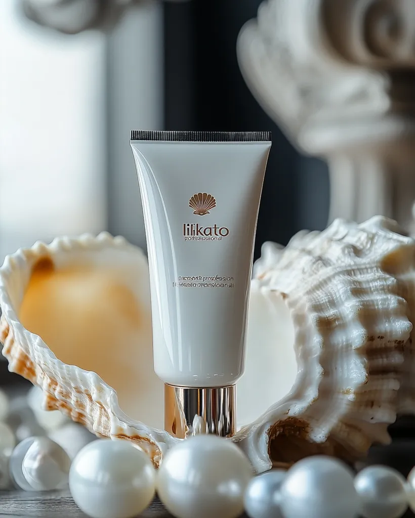 A white tube of "lilkato professional microexfoliation" skin care product is nestled within a large seashell. The tube features a gold cap and the brand logo, which is a stylized seashell.  The seashell rests on a bed of white pearls, suggesting a luxurious and elegant spa-like setting.  The overall image evokes a sense of natural beauty and relaxation.