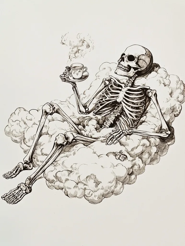 A skeletal figure reclines on a fluffy cloud, holding a steaming cup of tea in one hand. The drawing is done in black ink on white paper, creating a stark contrast. The skeleton's relaxed posture and the steam from the tea evoke a sense of peaceful tranquility, even in death. The clouds represent a heavenly setting, suggesting a state of afterlife.