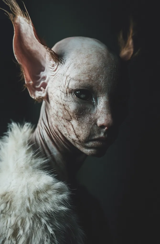 A close-up portrait of a hairless cat with large, pointed ears. Its skin is wrinkled and pale, and its eyes are dark and intense. It is wearing a white fur collar. The background is dark and shadowy, creating a dramatic and eerie atmosphere. The cat’s expression is serious and enigmatic, suggesting a hidden depth and wisdom.  The image captures the cat's unique appearance and its mysterious allure.