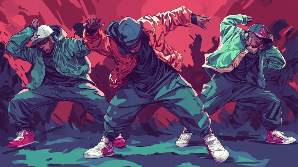 Three young men are in a dance pose, wearing colorful clothing and sneakers.  They are in a dynamic, energetic pose with their legs and arms outstretched. The background is a red and blue gradient, creating a vibrant and stylish scene.  Their expressions are focused and intense, suggesting they are fully immersed in the music and movement. The overall image is energetic and captures the feeling of youth and freedom.