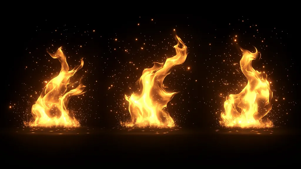 Three tall flames rise up from a dark background, each with a distinct shape and swirling pattern. The flames are a bright, vibrant orange-yellow, casting a warm glow and producing sparkling embers that float in the air. The flames are isolated against a black background, emphasizing their intensity and power.