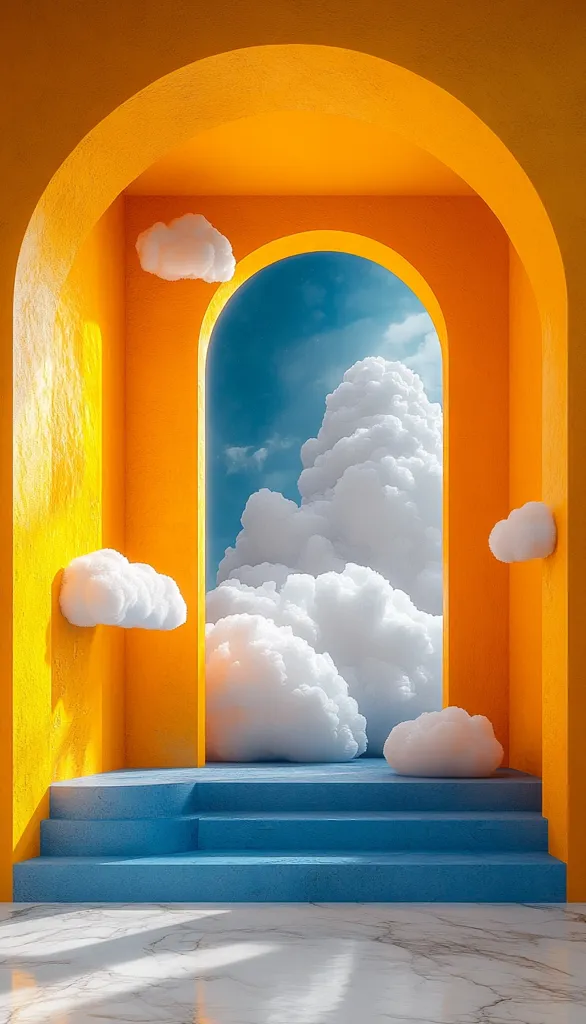A yellow archway frames a view of a blue sky and fluffy white clouds. The archway is set against a yellow wall and leads to a set of blue stairs. The scene is minimalist and surreal, with the clouds appearing to float within the archway. The bright colors and simple design create a sense of tranquility and wonder.