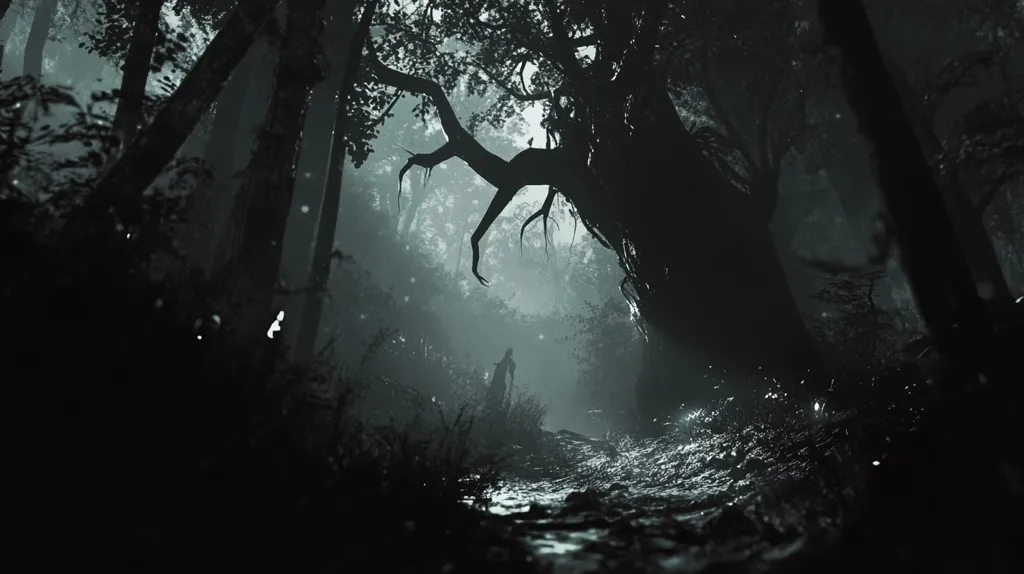 The image depicts a dark, foreboding forest with thick, gnarled trees.  A single figure stands silhouetted in the distance, seemingly lost in the dense, shadowy woods. The scene is shrouded in a mysterious mist, hinting at the unknown dangers that may lurk within the darkness.  The overall atmosphere is one of suspense and unease.