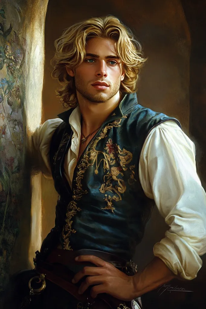 A handsome young man with long blond hair, wearing a richly embroidered vest and a white shirt, stands against a wall. His left hand rests on his hip, and his gaze is directed towards the viewer. His expression is thoughtful and slightly wistful. The lighting casts a warm glow on his face and clothes.  He appears to be of noble birth and in his early twenties.