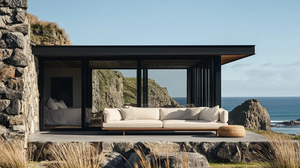 A modern, minimalist home with large glass windows overlooking the ocean. A long, white sofa with plush cushions sits on a stone patio, inviting relaxation. The home is built into a rocky hillside, providing stunning views. The sky is clear and blue, and the waves are gently crashing on the shore. The scene evokes a sense of tranquility and peace.