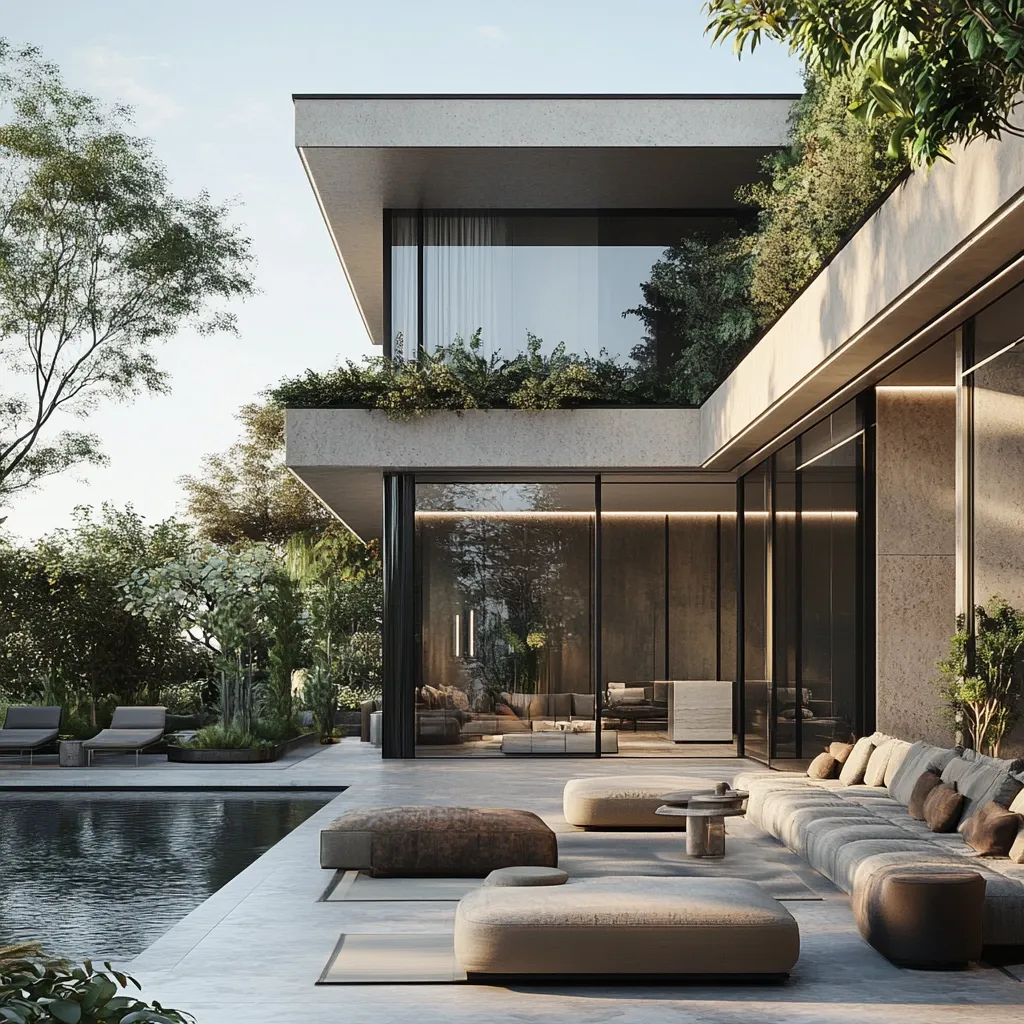 A modern, minimalist home with large windows and a spacious patio. The patio is furnished with comfortable couches and a coffee table. A swimming pool can be seen in the background, and lush greenery surrounds the home. The home's sleek design and natural elements create a serene and inviting atmosphere.
