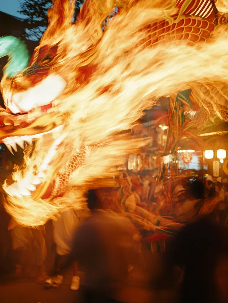 A large, fire-breathing dragon puppet is being paraded through a crowd of people. The dragon is made of a red and orange fabric that appears to be on fire. The people in the crowd are mostly blurred and their faces are obscured by the smoke and heat. The scene is brightly lit, and the dragon's head is dominating the foreground.