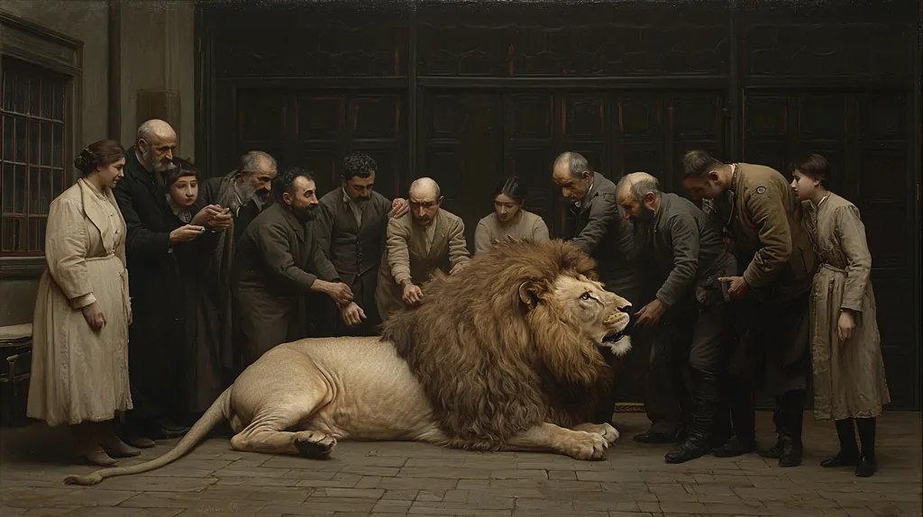 A group of people, mostly men, stand around a large lion lying on the floor. They are all dressed in formal attire, and they appear to be looking at the lion with curiosity and respect. The lion is facing away from the viewer, its tail curled up behind it. The painting is set in a spacious, well-lit room with a large doorway behind the lion. The people seem to be examining or interacting with the animal, creating a scene of intrigue and perhaps a touch of reverence. The painting is likely a depiction of a historical event or a symbolic moment capturing the relationship between humans and animals.