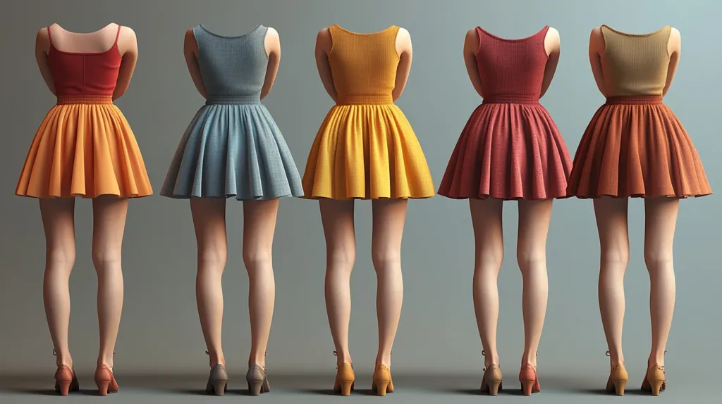 Five women stand in a row, facing away from the camera, wearing different colored skater dresses. They are all wearing heels and their legs are visible, with their arms crossed in front of them. The background is a muted gray color. The image is a study in contrast, highlighting the different colors and styles of the dresses.