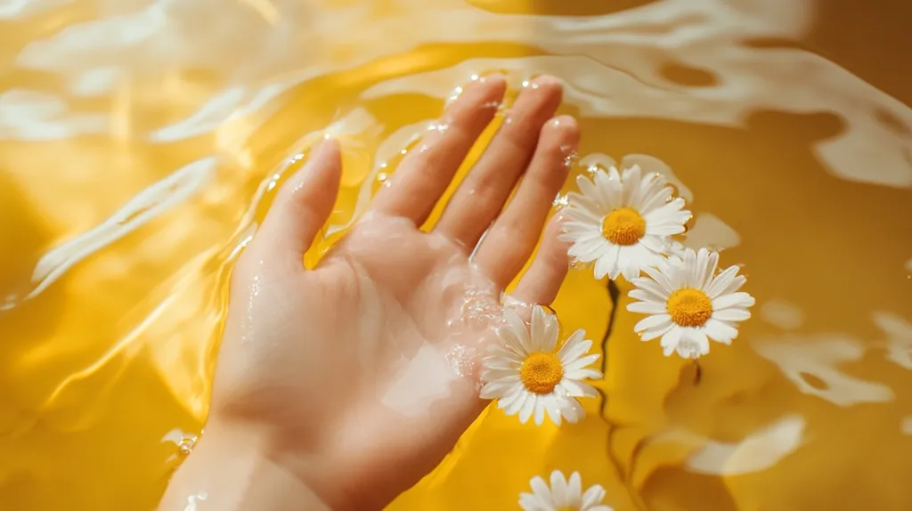 A hand rests in a yellow bathtub filled with water. The water is still and has a rippling effect from the hand moving. Three white daisies float on the surface of the water. The daisies are delicate and have a yellow center. The photo has a soft, dreamy feel.
