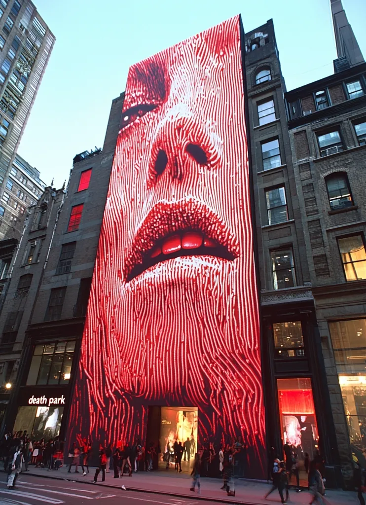 A large building in a city is covered in a digital screen displaying a close-up image of a woman's face, in red tones, with a focused view of the lips. The building is lined with windows, some with blacked-out panes. There are people walking in the street below the screen, creating a visual contrast of scale and urban life. The street is lit up with street lamps, adding to the cityscape ambience. The overall impression is one of vibrant city life.