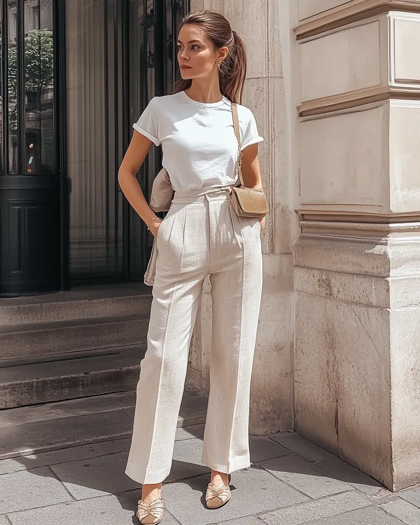 A woman with long brown hair is standing in front of a building. She is wearing a white t-shirt, beige wide-leg pants, a small beige bag, and gold shoes. She has a natural makeup look and appears to be confident and stylish. The light is bright and the setting is urban.  She looks relaxed and fashionable.