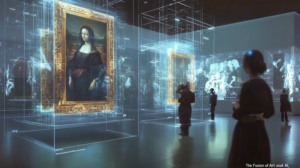 The image depicts a futuristic art gallery, where paintings are displayed within holographic frames. People are interacting with these digital artworks, with a woman in a black dress standing in the foreground. The scene suggests a merging of art and AI technology, creating immersive experiences for viewers. The image is bathed in a cool, blue light, enhancing the sense of futuristic wonder.  The caption "The Fusion of Art and AI" reinforces this theme.