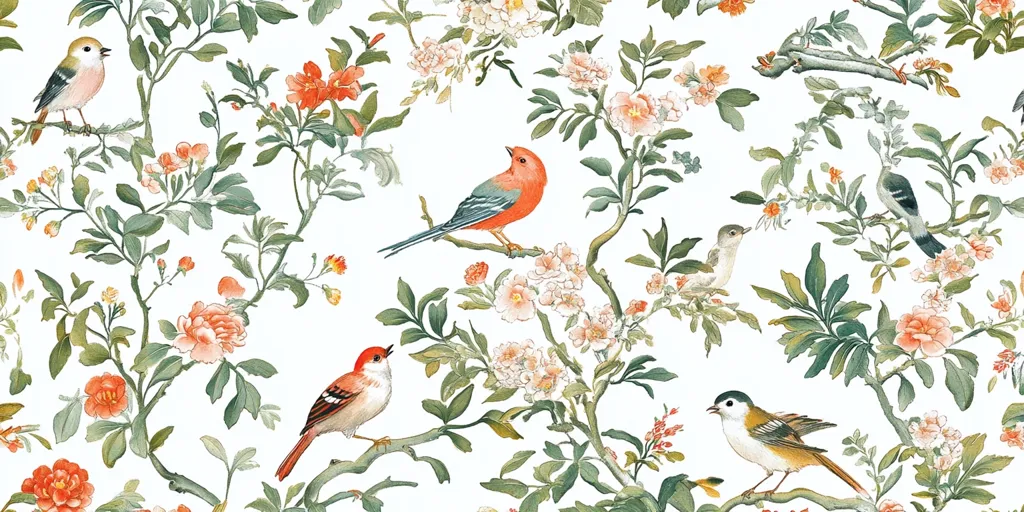 The image is a seamless pattern featuring delicate floral branches with pink and orange flowers and several birds perched on the branches. The background is a light white, highlighting the colorful blooms and birds.  The overall aesthetic is light and airy, conveying a sense of tranquility and beauty.  The details in the artwork suggest a hand-painted style, enhancing its charm.