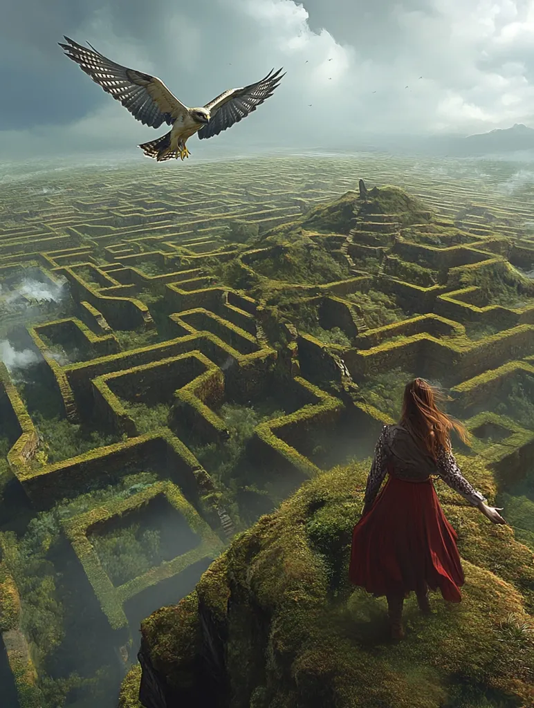 A woman in a red dress stands on a cliff overlooking a vast, sprawling maze. The maze is overgrown with greenery, and a single hawk soars overhead. The woman appears to be gazing out at the maze, perhaps contemplating its complexities and searching for a way out. The scene evokes a sense of mystery, adventure, and the challenges of navigating through life's uncertainties.