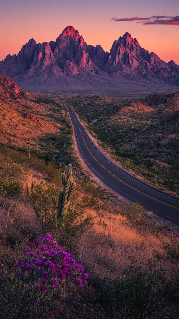 A winding asphalt road leads through a desert landscape towards a majestic mountain range in the distance. The sky is a vibrant pink and orange, casting long shadows on the rugged terrain. A lone cactus stands tall by the roadside, while purple wildflowers bloom in the foreground. The scene evokes a sense of solitude and the vastness of the American Southwest.