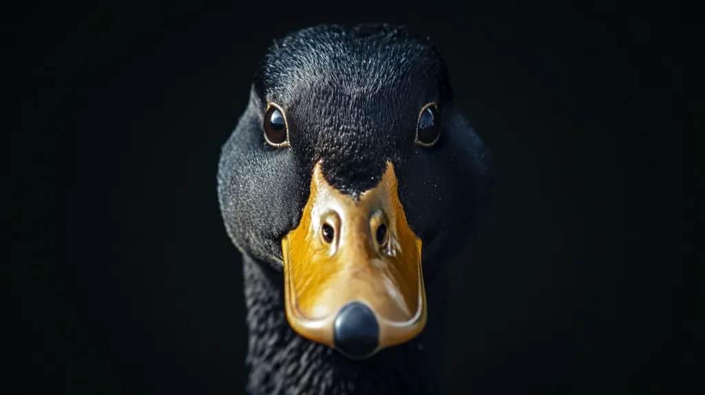 A close-up shot of a black duck's face against a dark background. Its dark feathers and beady eyes contrast with its bright yellow beak. The duck's head is tilted slightly, giving it an inquisitive expression. The focus is sharp on the duck's face, while the background is blurred, making it the main subject of the image.