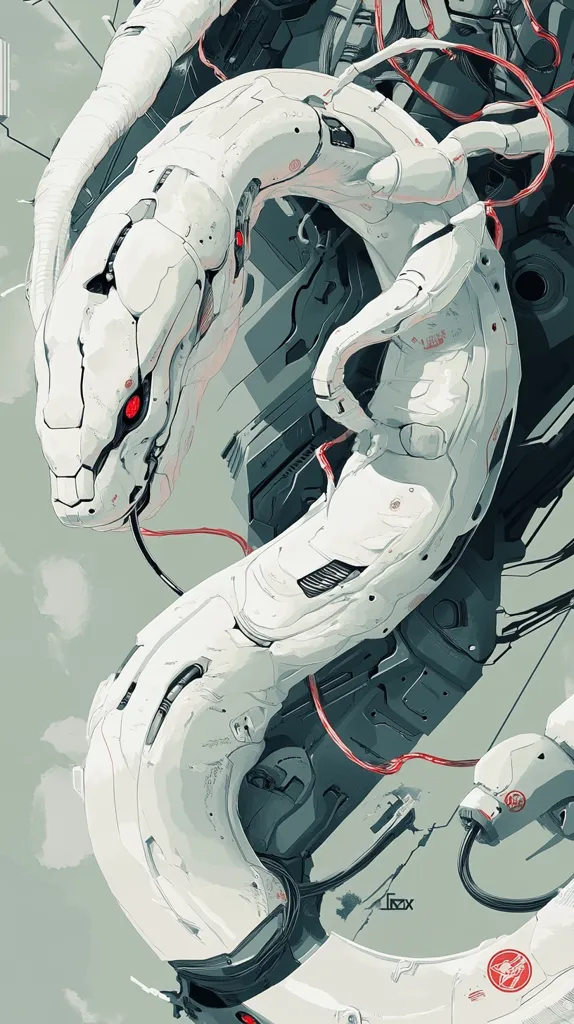 A white robotic creature with red eyes and a long, segmented body, is attached to a complex network of wires and tubes. The creature’s body is intricately detailed with lines and curves, and the surrounding structure appears to be a metal shell with intricate mechanical features. The image has a futuristic and sci-fi aesthetic.  The color palette is dominated by white and grey, with accents of red.