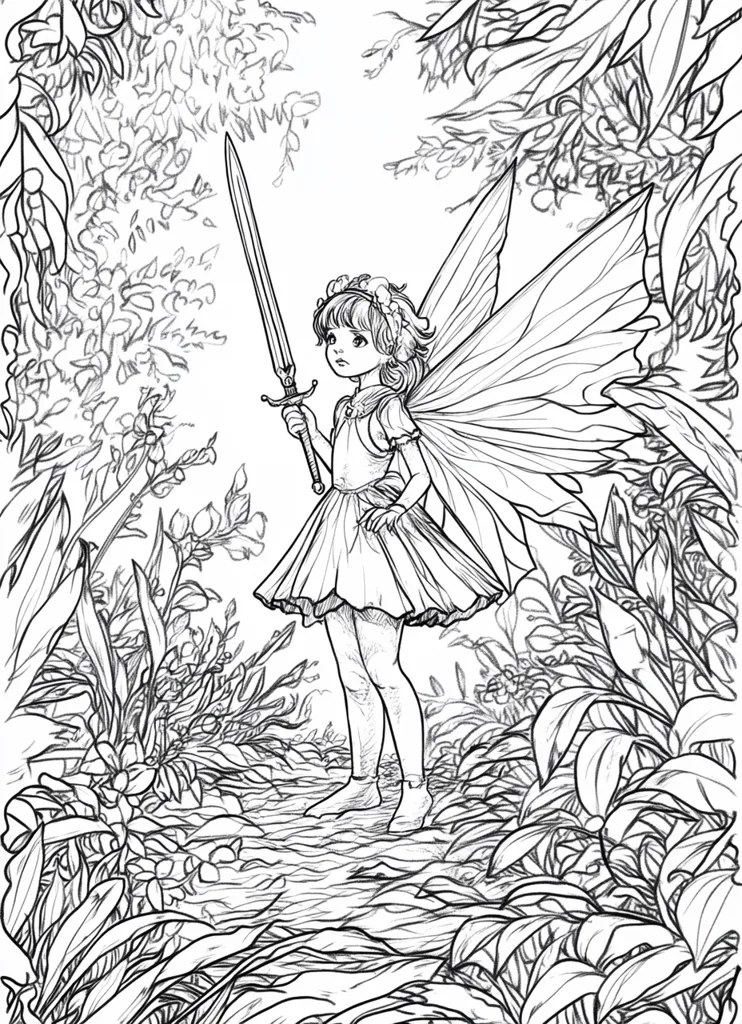 A line drawing of a young fairy with large wings and a sword in her hand, standing in a forest. She is wearing a flowing dress and has her hair pulled back in a braid. The background is a detailed illustration of trees and bushes. The image is a whimsical and imaginative depiction of a fairy in a forest setting.