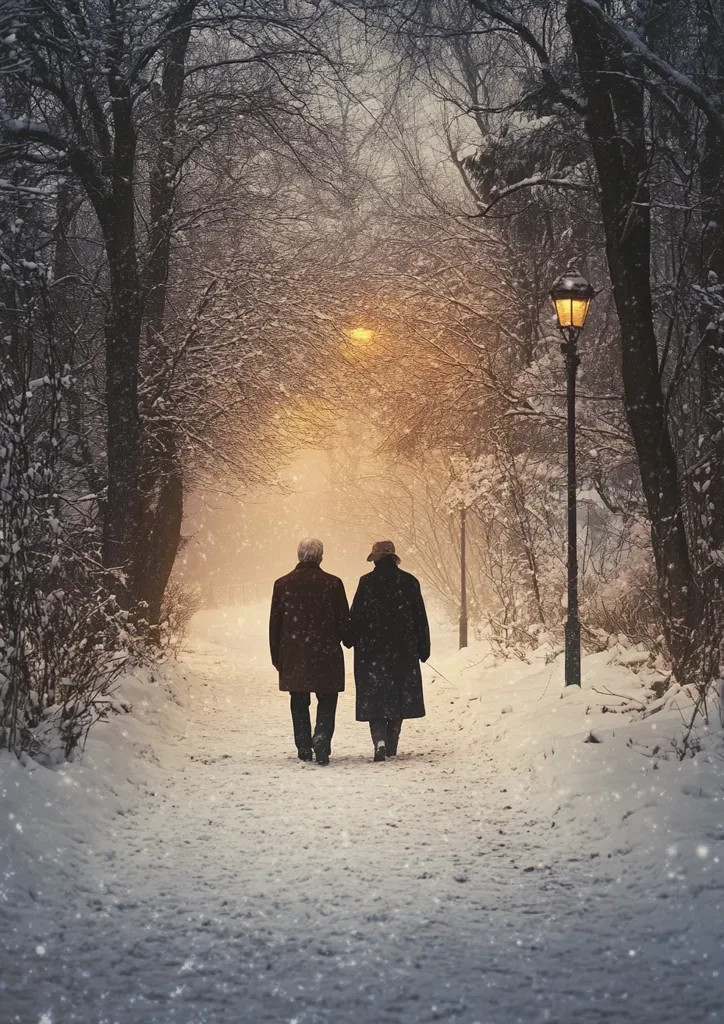 Two figures, silhouetted against a glowing winter sunset, walk hand-in-hand down a snow-covered path. The scene is bathed in a soft, golden light that filters through the trees, casting long shadows on the pristine snow. A single streetlight, casting a warm glow, stands tall against the backdrop of bare branches. The image evokes a sense of tranquility and quiet companionship, capturing a moment of intimacy amidst the winter landscape.