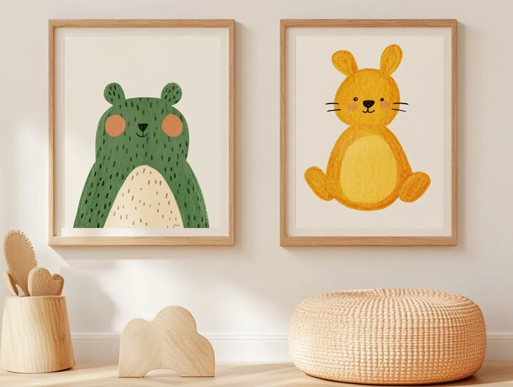 Two framed illustrations hang on a white wall. The left one features a green, cartoon-like bear with big, round eyes, while the right one depicts a yellow, cartoon-like rabbit with long ears. A wooden stool and an ottoman sit in the foreground, adding a touch of rustic charm to the space. The overall aesthetic is playful and whimsical, perfect for a child's room.