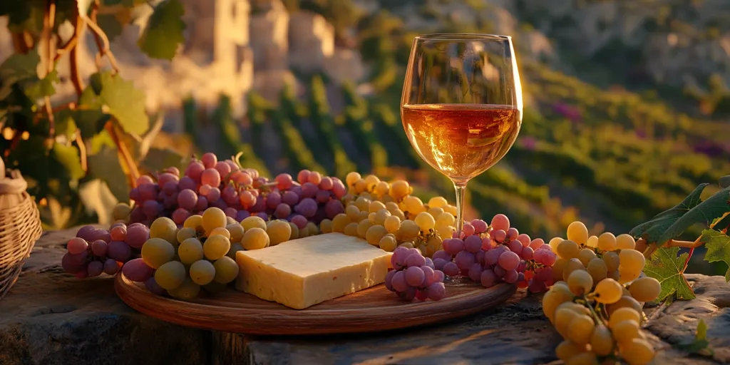A wooden tray holds a block of cheese and two bunches of grapes, one red and one green. A glass of wine sits in the foreground, with the sun shining behind it. Vines and a blurred background suggest a vineyard setting.  The image captures the essence of a simple, rustic, and delicious meal enjoyed outdoors.