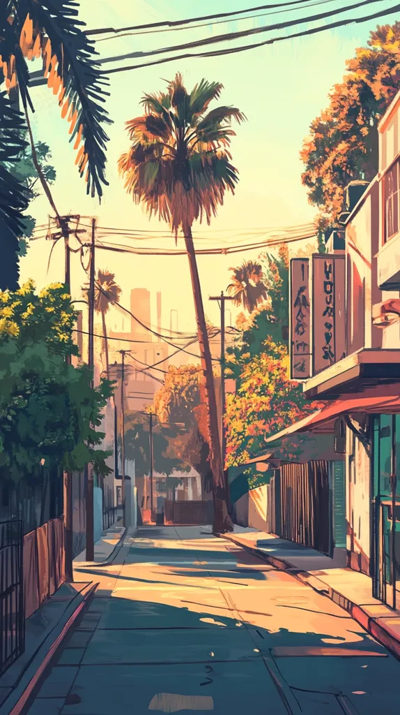 The image depicts a narrow street in a city, lined with palm trees and buildings. The sun is shining brightly, casting long shadows across the street. The buildings have a worn and weathered appearance, and there are power lines strung overhead. There is a sign on the side of one building with Japanese characters. The overall mood of the image is calm and peaceful.