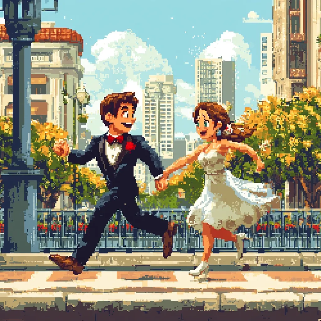 A pixelated image of a wedding couple running down the street. The groom is wearing a tuxedo and the bride is wearing a white dress. They are both smiling and holding hands. The scene is set in a city with tall buildings and trees lining the street.