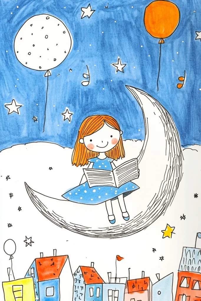 The illustration depicts a young girl with orange hair sitting on a crescent moon, reading a book. She is dressed in a blue polka-dotted dress. Above her, a white balloon with black dots floats in a blue night sky dotted with stars. A smaller orange balloon is also seen floating in the sky.  Below, a row of colorful houses appears in the foreground. The image conveys a sense of childhood wonder and imagination.