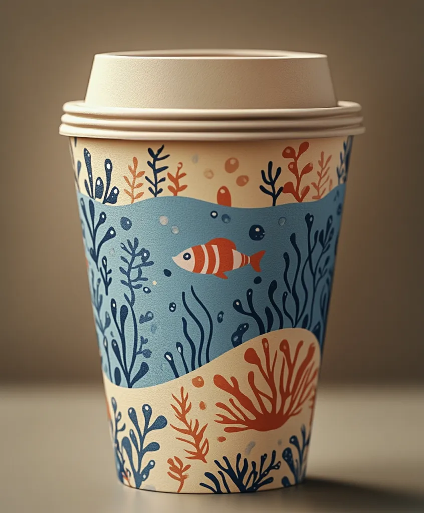 A paper coffee cup with a whimsical design featuring an underwater scene. The cup is decorated with blue waves, coral reefs, seaweed, and a bright orange fish with black stripes swimming amidst the sea life. The lid is a plain beige color, adding a simple contrast to the vibrant pattern. The cup stands on a light brown surface, highlighting the details of the colorful design.